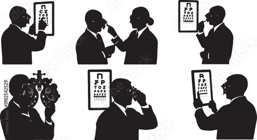 Black Solid Indoor Eye Optometrist Silhouettes Set of Six on White Background
