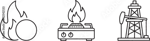 Energy sources including fire gas stove and oil derrick vector icons isolated on white background