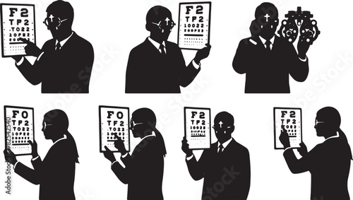 Black Solid Indoor Eye Optometrist Silhouettes Set of Six on White Background