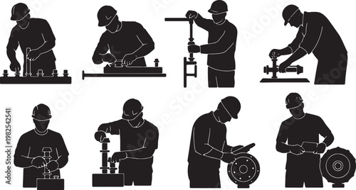 Black Solid Indoor Factory Assembly Worker Silhouettes Set of Six on White Background
