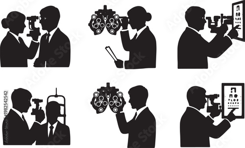 Black Solid Indoor Eye Optometrist Silhouettes Set of Six on White Background