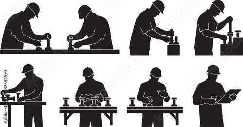 Black Solid Indoor Factory Assembly Worker Silhouettes Set of Six on White Background