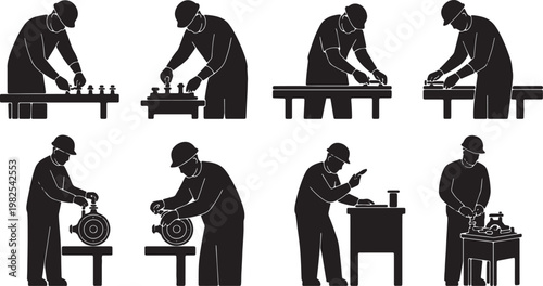 Black Solid Indoor Factory Assembly Worker Silhouettes Set of Six on White Background