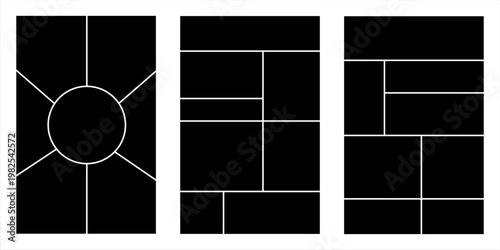 Image collage layout template. Beige mosaic mood board grid collection. Picture frame set. Photo album idea for banner, poster, comic page, flyer, brochure, booklet, memory wall design. Vector pack