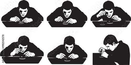 Black Solid Indoor Fine Watchmaker Silhouettes Set of Six on White Background