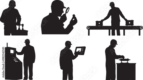 Black Solid Indoor Factory Assembly Worker Silhouettes Set of Six on White Background