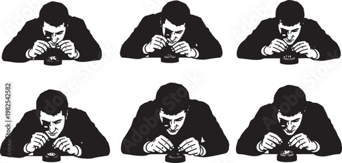 Black Solid Indoor Fine Watchmaker Silhouettes Set of Six on White Background
