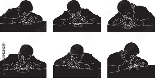 Black Solid Indoor Fine Watchmaker Silhouettes Set of Six on White Background