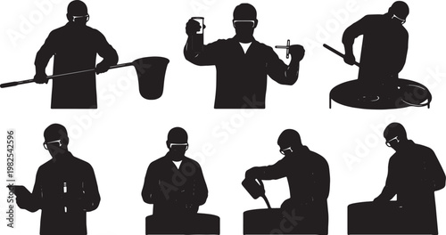 Black Solid Indoor Fish Hatchery Technician Silhouettes Set of Six on White Background
