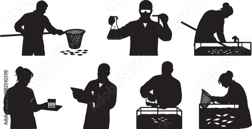 Black Solid Indoor Fish Hatchery Technician Silhouettes Set of Six on White Background