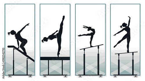 Four gymnast poses on balance beams in silhouette against geometric background