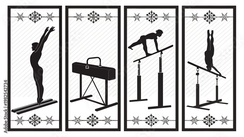 Gymnastics illustrations set with athletes performing on balance beam vault and uneven bars in black silhouette
