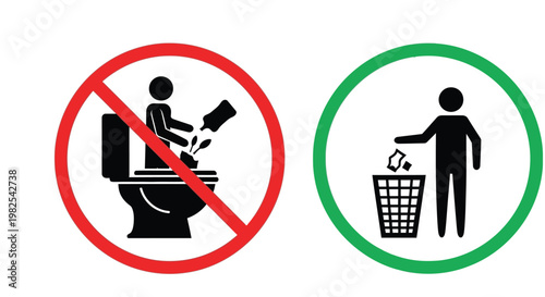 Prohibited toilet waste disposal compared with correct usage of public trash bin for garbage disposal icons