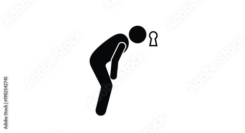 Stick figure person bending to look into a keyhole, representing investigation or seeking answers.