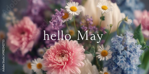 Pastel spring flowers with hello may text for seasonal greeting card