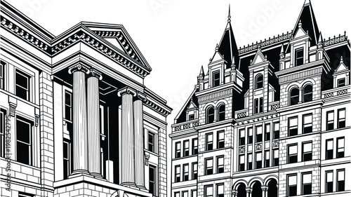 A black and white illustration of two historic buildings with architectural details