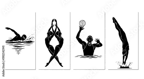 Water polo players in action swimming diving vector illustrations