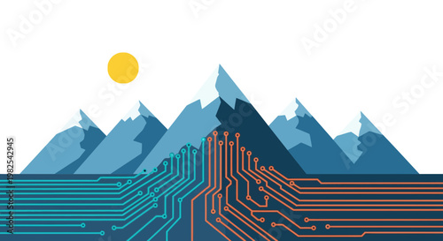 Circuit Board Mountain Landscape Illustration.