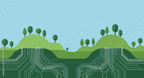 Circuit board with green hills.
