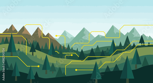 Mountain range with trees and lines.