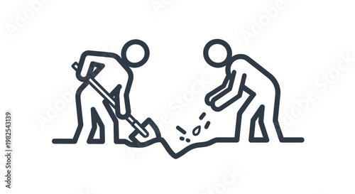 Two stick figures working together to dig a deep hole using a spade and their hands
