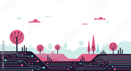 Pink trees on circuit board landscape.