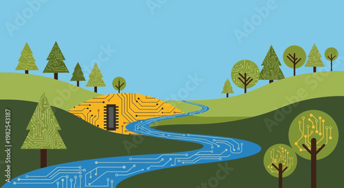 Stream flowing through green landscape hills.