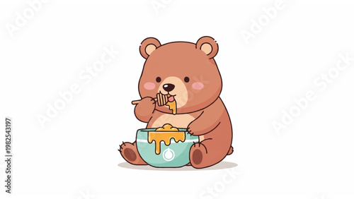 Brown bear eating from bowl.