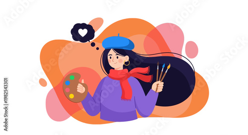 Minimalist artist character with beret and professional art tools
