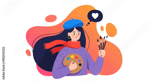 Dreaming female artist with lavender beret and orange background
