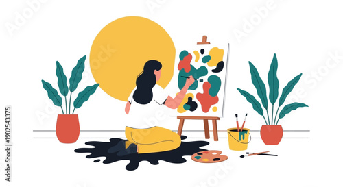 Focused artistic flow with female painter creating colorful masterpiece