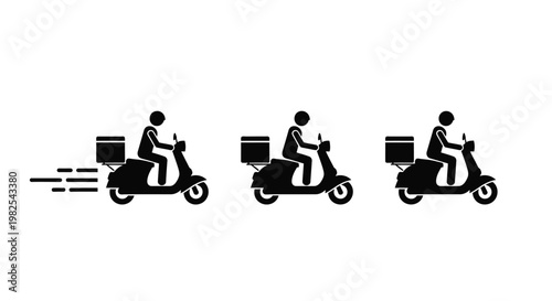 Graphic icons of delivery people riding scooters, symbolizing quick food and package service.