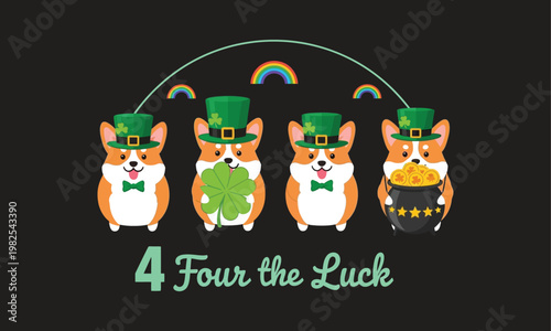 Four lucky corgis with leprechaun hats and a rainbow a st patrick's day celebration design