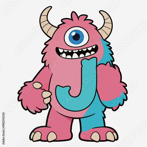 Cute Pink Monster Holding Letter J