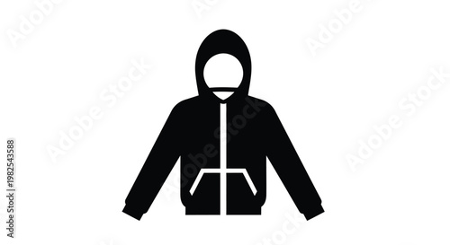 Simple black silhouette of a person wearing a zippered hoodie with the hood pulled up.