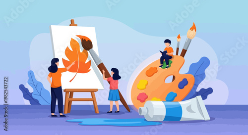 Surreal dreamscape with small artists and giant art supplies