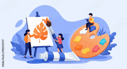 Whimsical imagination concept with giant palette and brushes