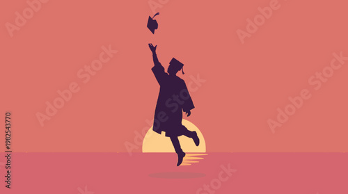 A dynamic silhouette of a graduate tossing a cap into the air, capturing the joy and pride of completing education