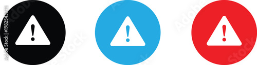 Warning signs with exclamation marks in black, blue and red circles