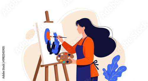 Female artist in blue apron creating abstract oil painting