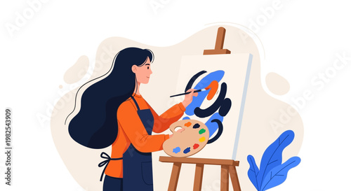 Creative woman painting abstract expressionism on wooden easel