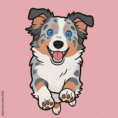Happy Cartoon Australian Shepherd Dog with Blue Eyes