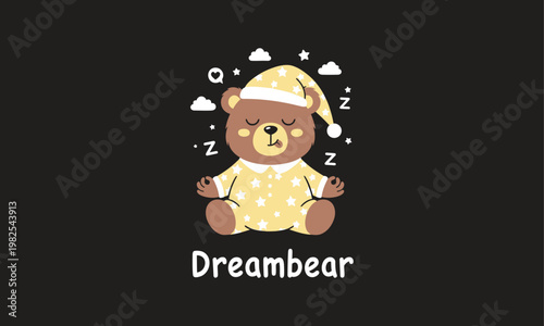 Dreaming bear illustration a charming cartoon bear wearing a nightcap and pajamas surrounded by sleep related icons