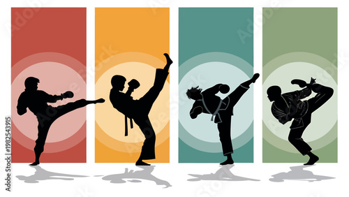 Martial arts silhouettes in various colorful kicking poses for fitness and self defense concepts