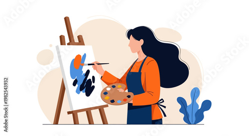 Professional painter with palette creating modern abstract art