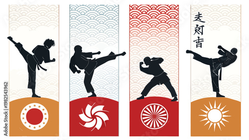 Martial arts kick techniques illustrations set with asian patterns and symbols