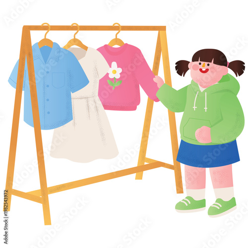 Spring Sale Illustration. Vector illustration of Girl choosing clothes from rack with shirts and dress in casual shopping scene. Isolated on background