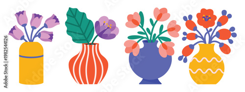 Bright flowers in vases vector illustration set, trendy paper cut floral graphic, flat botanical elements ideal for home decor
