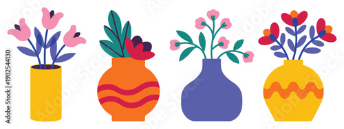 Bright flowers in vases vector illustration set, colorful paper cut style floral arrangement with flat botanical elements