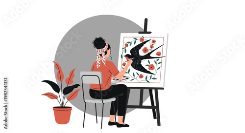 Serene female artist painting graceful black swallow on canvas